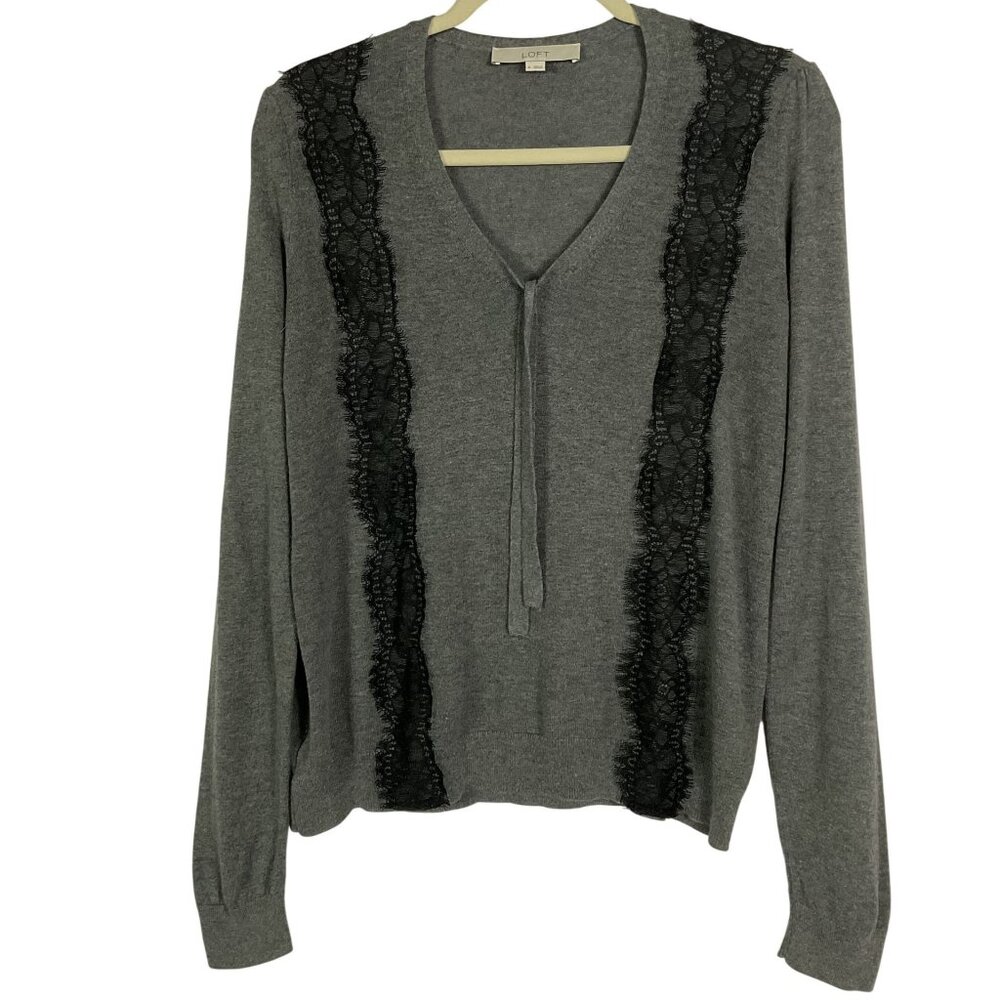 LOFT Gray V-neck Sweater with Black Lace Trim, Medium, Cotton/Rayon/Wool